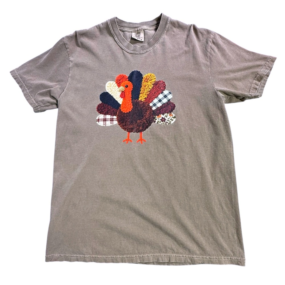 Comfort Colors Turkey Chenille Patch Thanksgiving T-Shirt Brown Womens Large